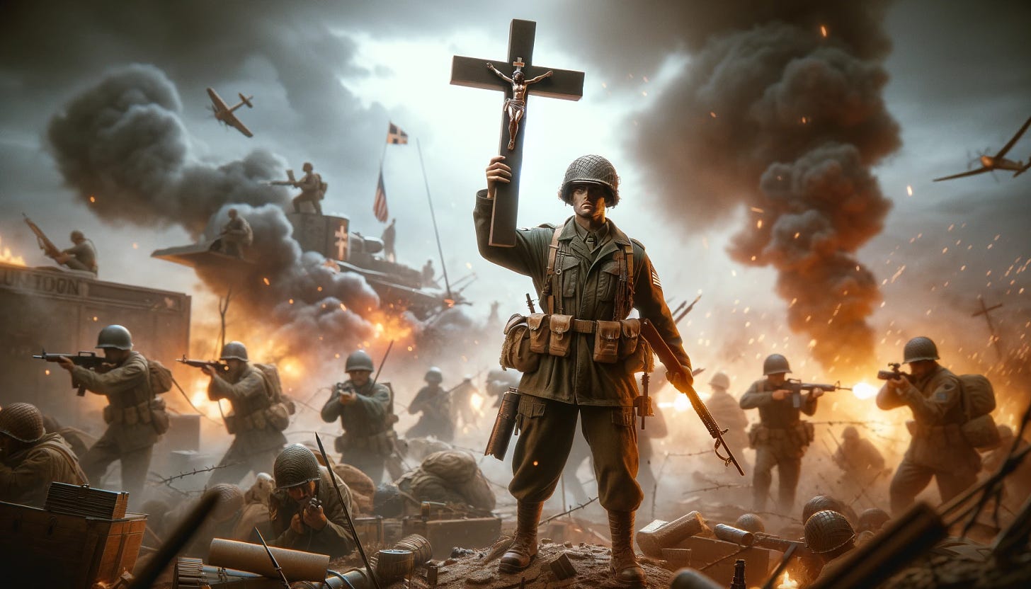 A dramatic battle scene featuring a soldier brandishing a cross. The soldier, in full military gear, stands resolute amidst the chaos of the battlefield. Explosions and smoke fill the air, with other soldiers engaged in combat around him. The setting is realistic, with detailed military uniforms, weaponry, and a war-torn landscape. The soldier holds the cross high, with a look of determination and faith. The scene is captured in a wide aspect ratio, emphasizing the scale and intensity of the battle.