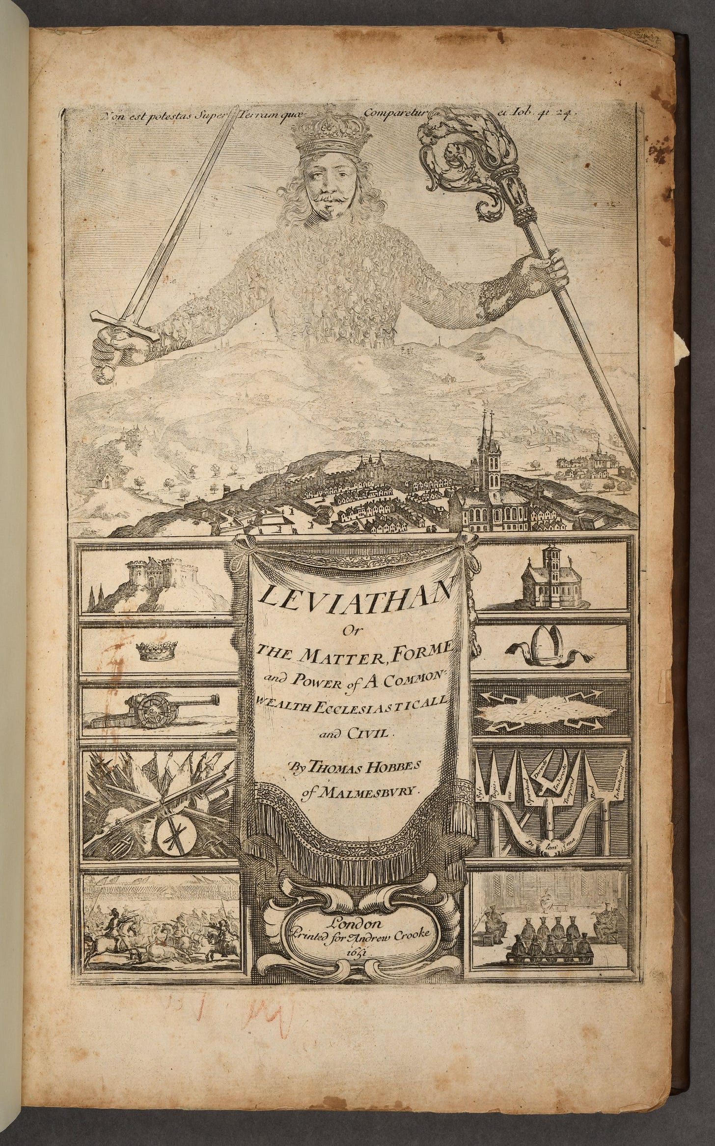 A conceptual illustration of a king who towers over the landscape of his kingdom. The shape of his torso and arms are made up of small people who represent the people he reigns over. He is holding a crozier in his left hand which represents the church, and a sword in his right hand to represent military might. The large illustration is positioned at the top of a page, above other images in boxes of symbolic parts of a kingdom including a court of law and a battlefield. In the centre of the page is the title of the book which reads "Leviathan: or the matter, form and power of a Commonwealth, ecclesiastical and civil.By Thomas Hobbes of Malmesbury." At the bottom of the page is listed the year it was printed, 1651.
