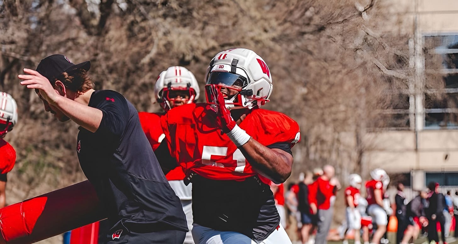 Wisconsin Badgers edge rusher Micheal Garner at spring football practice