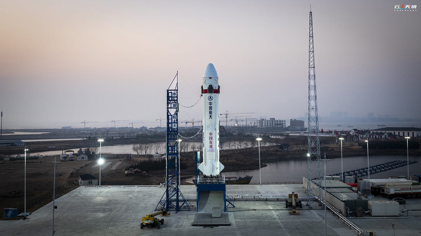 The CASC/SAST hop test vehicle ahead of its test flight in Haiyang.