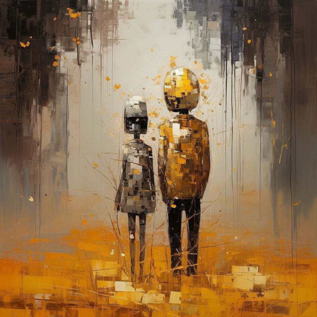 minimalistic painting. heavy use of palette knives. friendship in fall. golden amber colors. by ismail inceoglu and gustav klimt. art deco elements