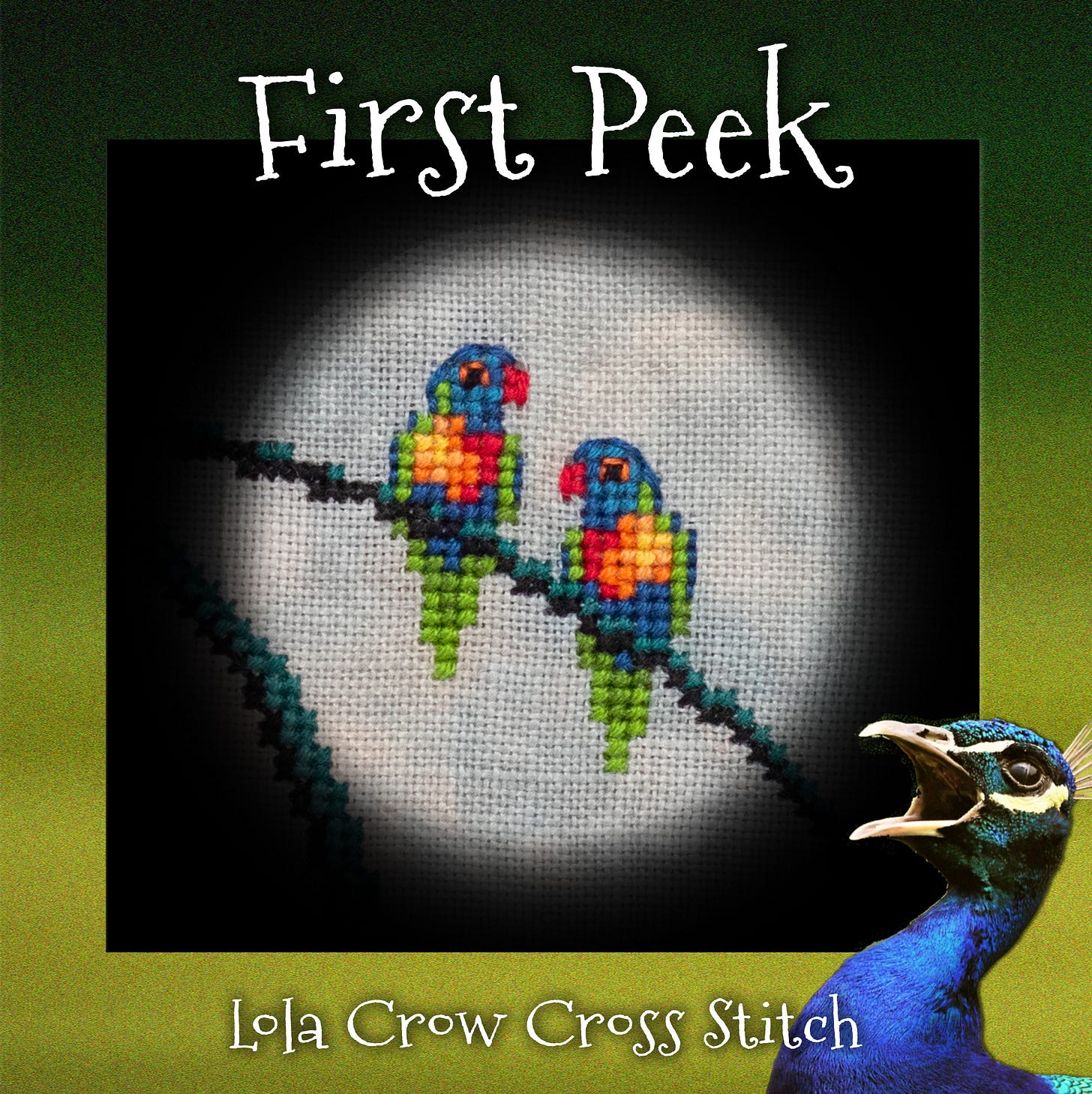 A cross stitch sneak peek of two rainbow lorikeets sitting on a branch.  Text says First Peek, Lola Crow Cross Stitch, and a peacock screaming in the corner.