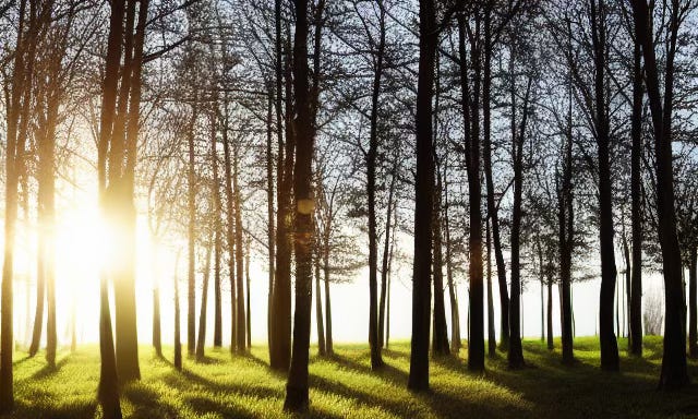 A set of trees with sunlight showing through them