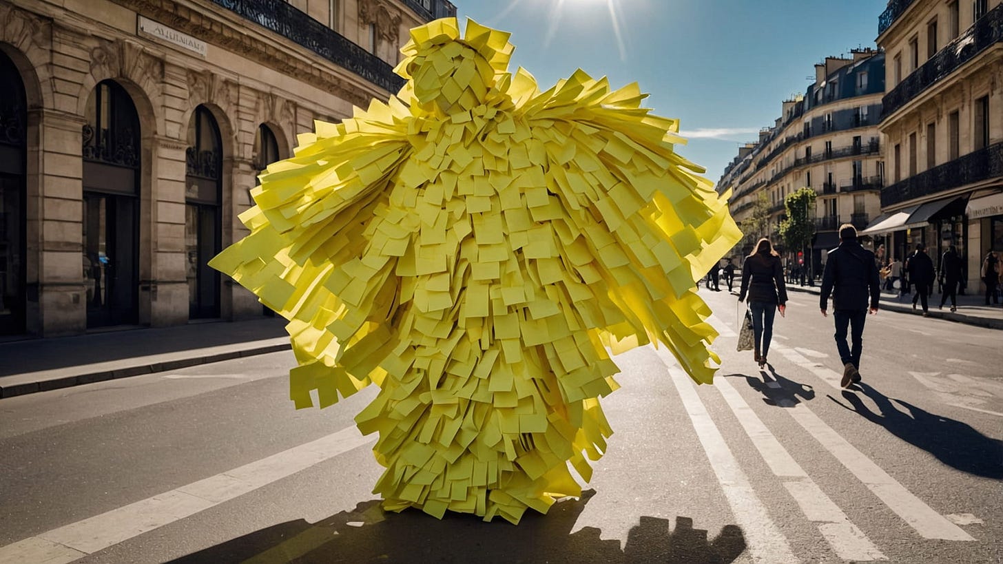 A human like creature covered head to toe in yellow post it notes standing on a street. A human like creature covered head to toe in yellow post it notes standing on a street.