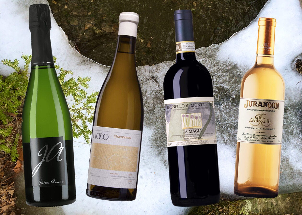 Four wine bottles against a background of a mountain stream in winter