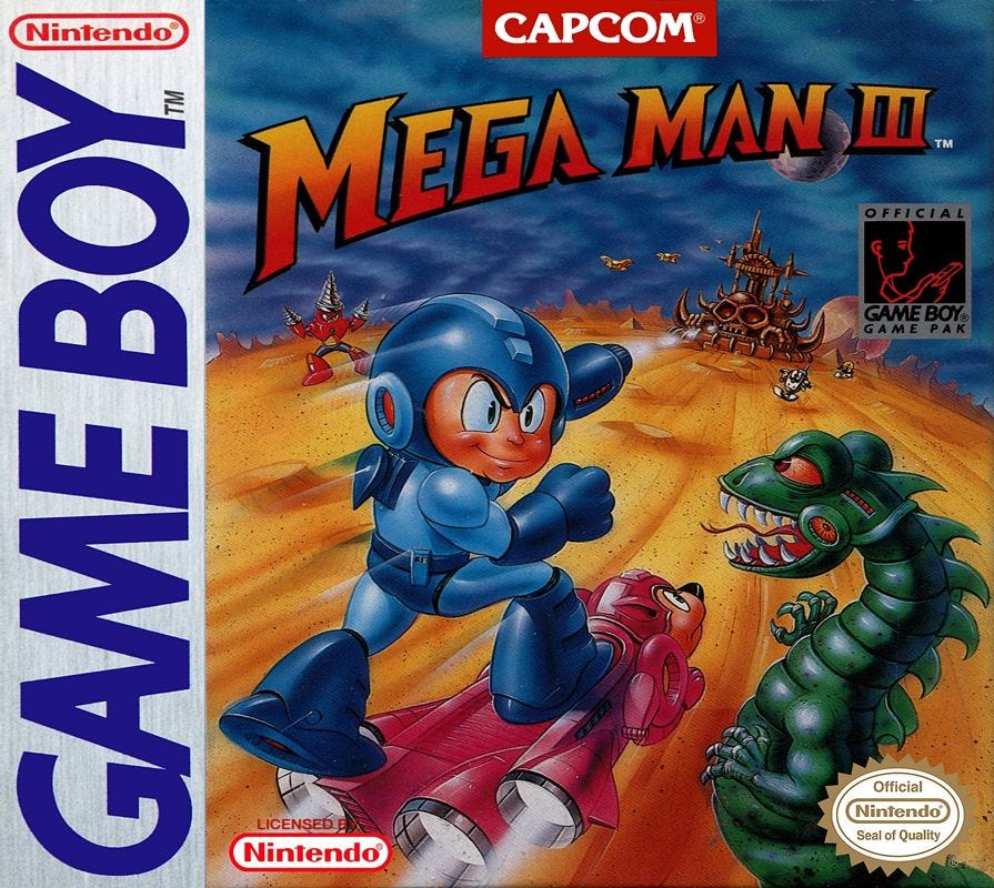 A scan of the box for Mega Man III on the Game Boy. Mega Man is staring at a dragon robot enemy to his right, pointing his arm cannon toward Wily's castle off into the distance, riding atop the back of his robot dog, Rush, in his flying "Jet" form.