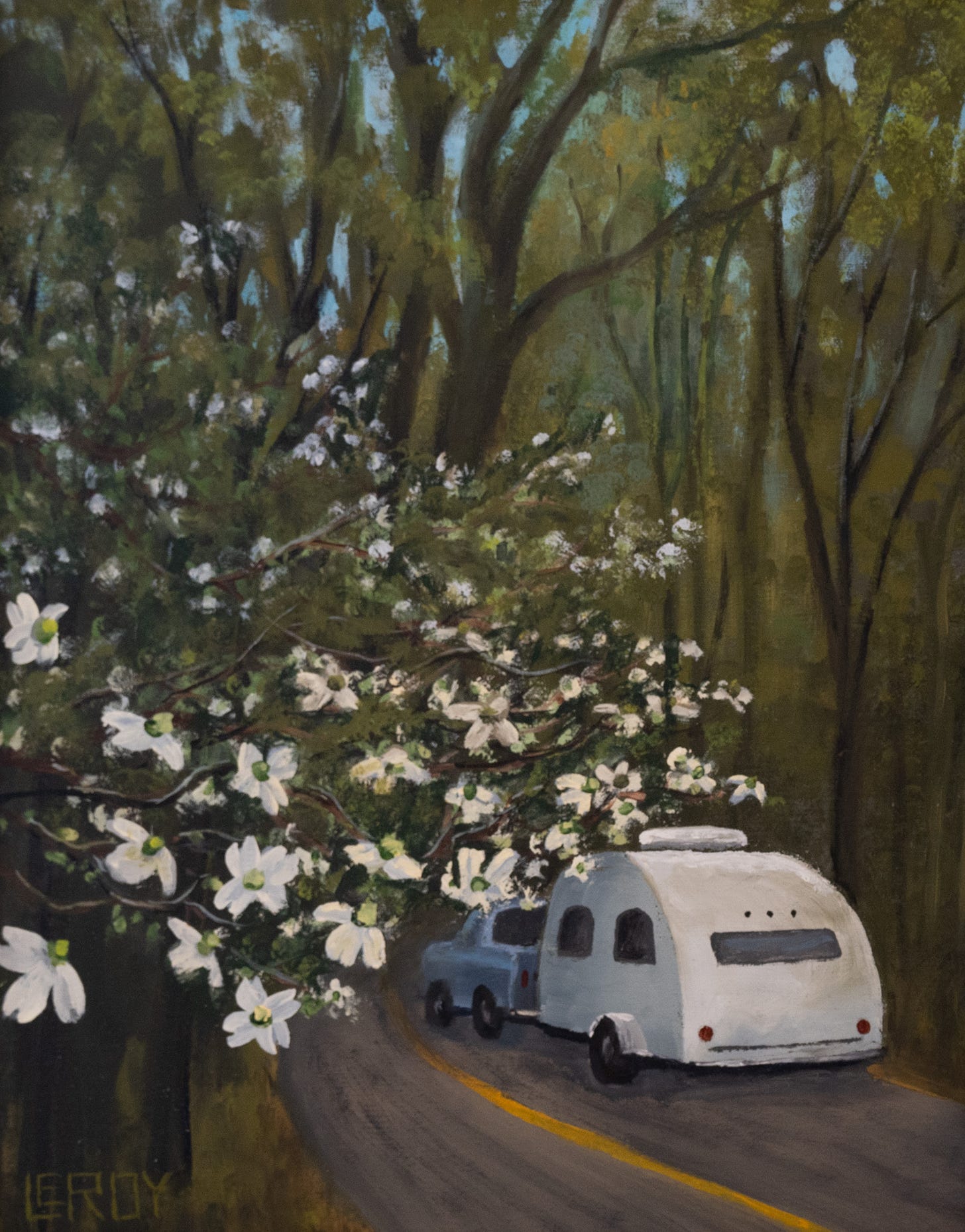 An oil painting of a light blue pickup truck pulling a white 1950s travel trailer through a forest of dogwoods.