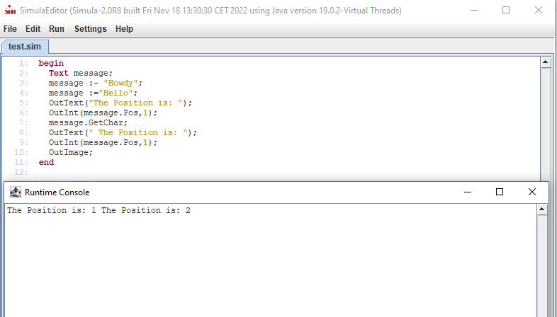 Screenshot of the editor showing GetChar in action. The output says The Position is: 1 The Position is: 2