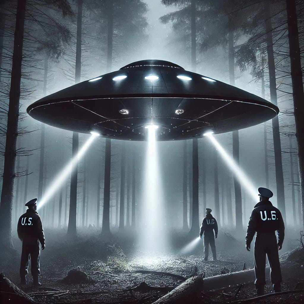 A highly realistic depiction of the 1980 Rendlesham Forest UFO incident, often called 'Britain’s Roswell.' A **perfectly triangular** black UFO with **sharp edges** hovers low over the foggy forest, completely symmetrical with **three bright glowing lights positioned at each corner.** The craft is sleek, metallic, and dark, emitting a faint hum. Two uniformed U.S. Air Force officers stand frozen in shock, their flashlights illuminating the craft’s surface, revealing strange, glowing hieroglyphic-like symbols. A bright beam of light extends downward from the center of the triangle, cutting through the mist and casting eerie shadows on the ground. The dense forest is covered in fog, making the moment feel surreal, tense, and otherworldly. The atmosphere is thick with fear, awe, and the undeniable sense that something beyond human technology has made contact.