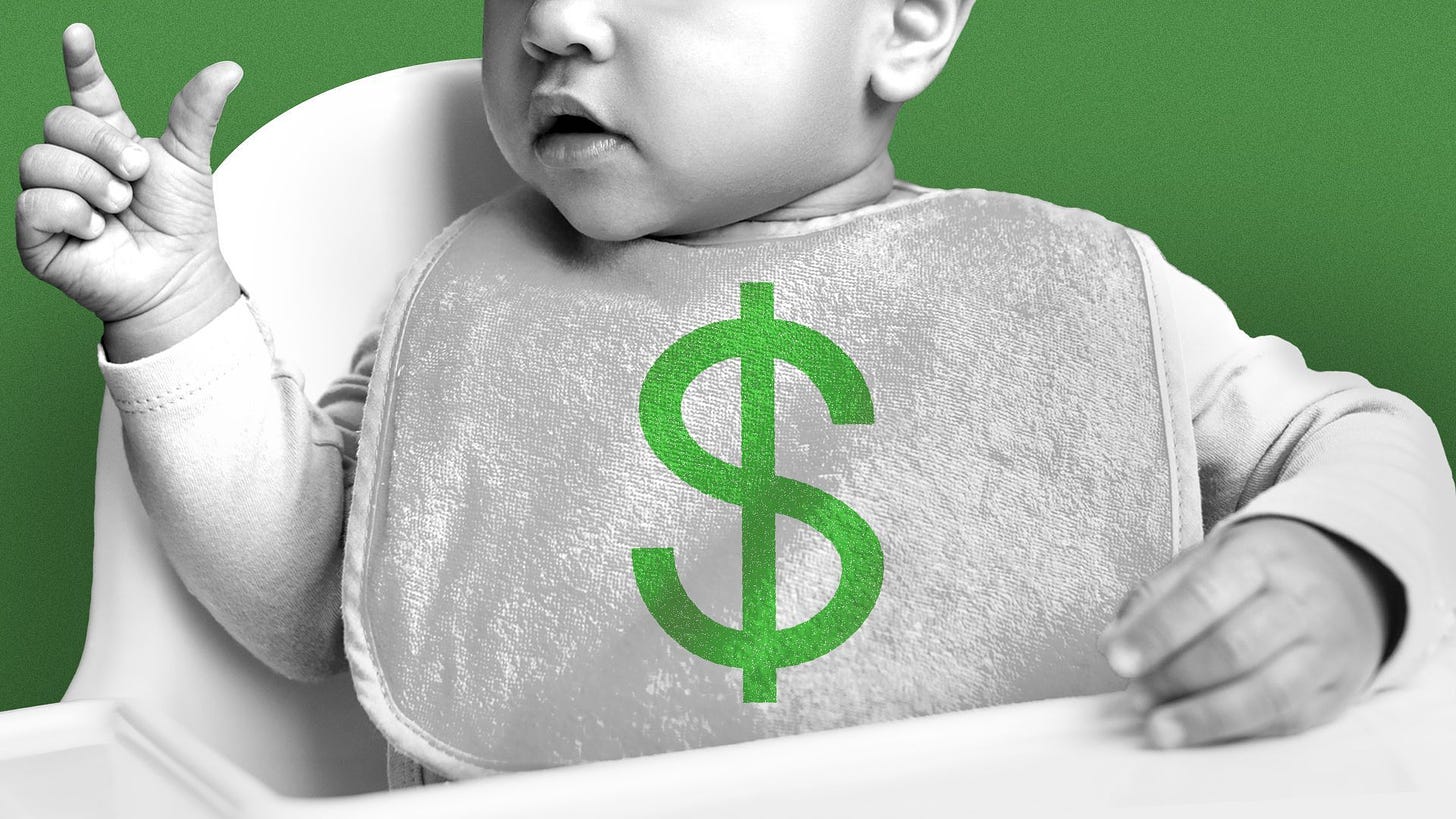 Illustration of a baby wearing a bib with a dollar sign.