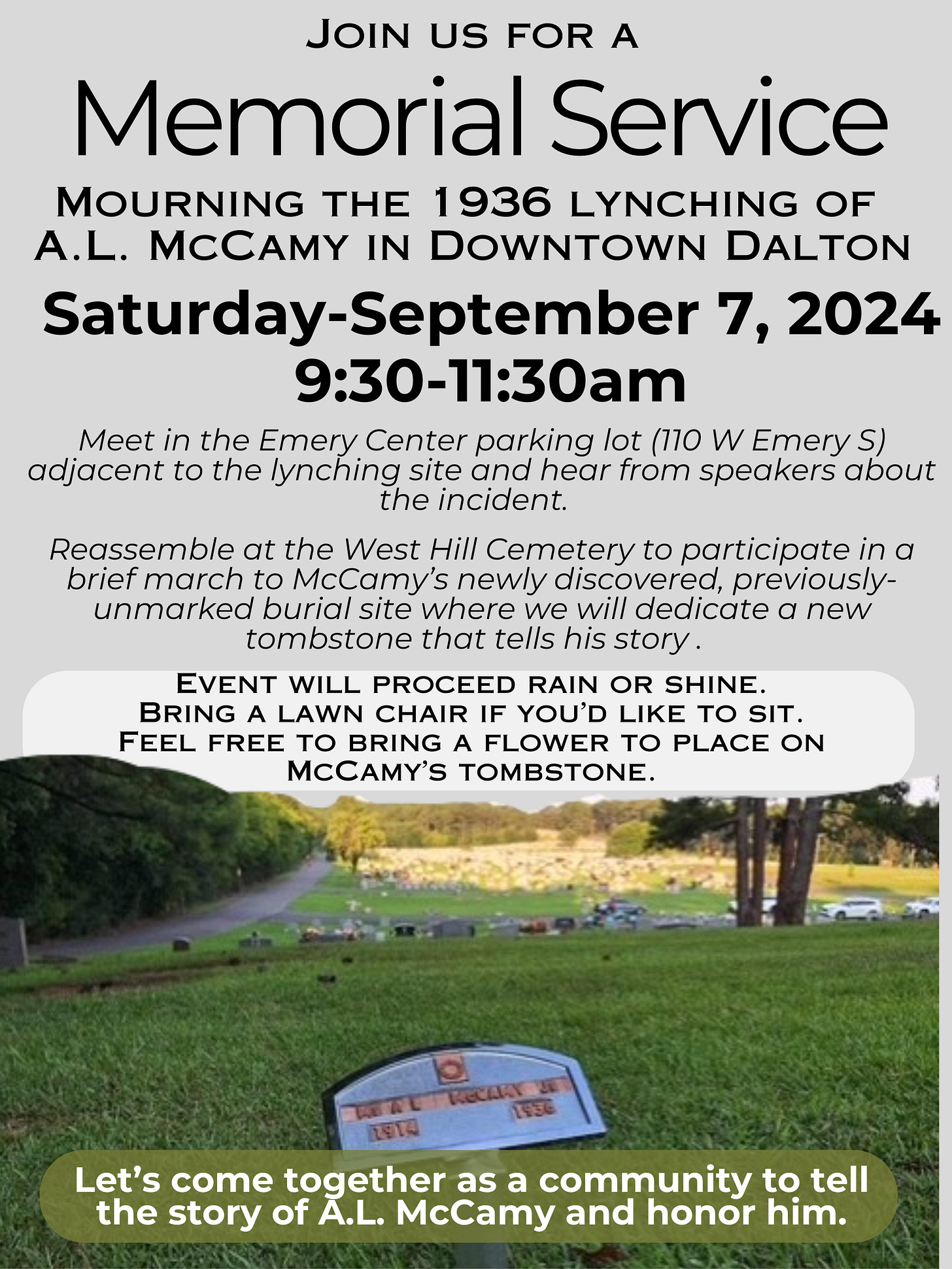 A flyer with details about the September 7, 2024 memorial service for Lon McCamy.