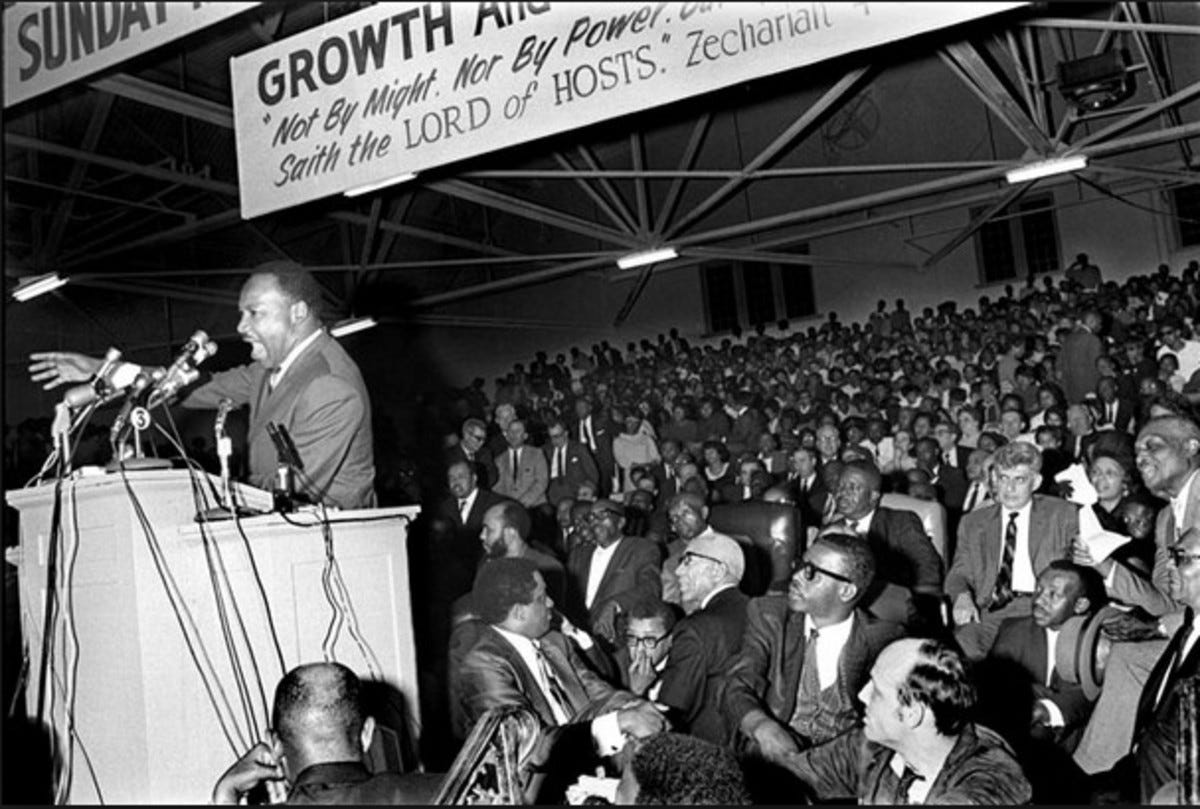 Martin Luther King Jr. spoke to more than 10,000 people at Mason Temple in Memphis, Tennessee in support of striking sanitation workers on March 18.  He pledged to return to Memphis on March 22 to lead a march.