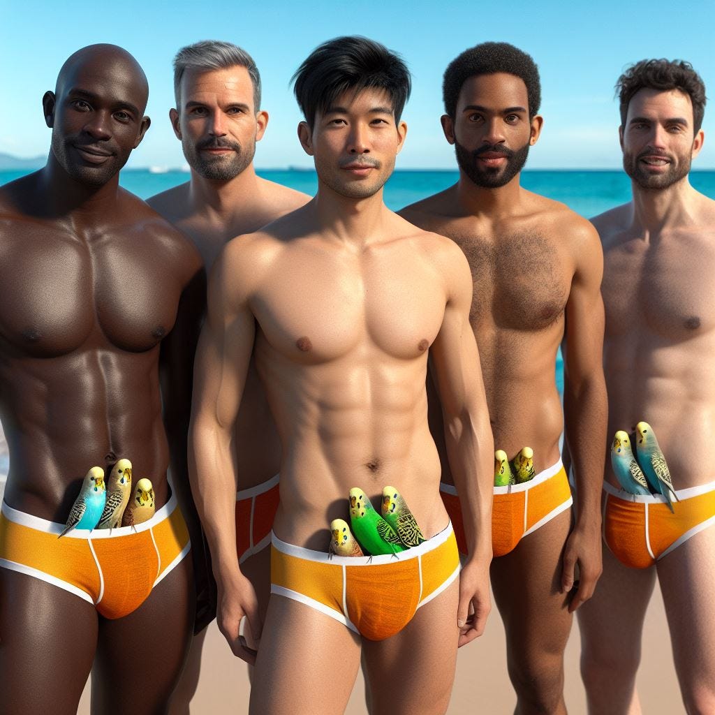 Five men of different ethnicities standing on a beach wearing speedos stuffed with budgies. 