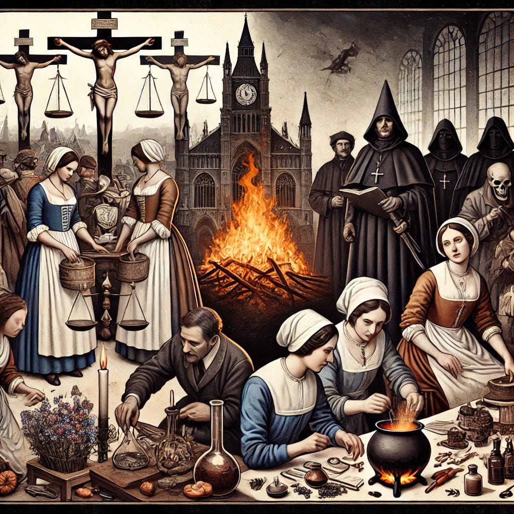 A square image depicting the suppression of female healers through the lens of power and science, incorporating the burning of a witch. In the foreground, women in medieval attire, including midwives and herbalists, are practicing healing with herbs and cauldrons. To one side, a scene shows the burning of a witch at the stake, symbolizing the historical persecution. Behind them, dark and ominous figures of inquisitors and male doctors in early modern attire holding scientific instruments cast a shadow over the scene. The background transitions to a modern cityscape, symbolizing the continuing control of science and power over traditional healing practices. The image should evoke a sense of historical struggle, oppression, and the dominance of institutional power.