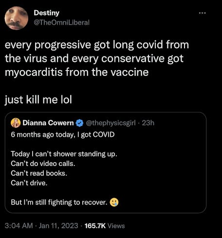 Destiny declares its only progressives getting Long COVID