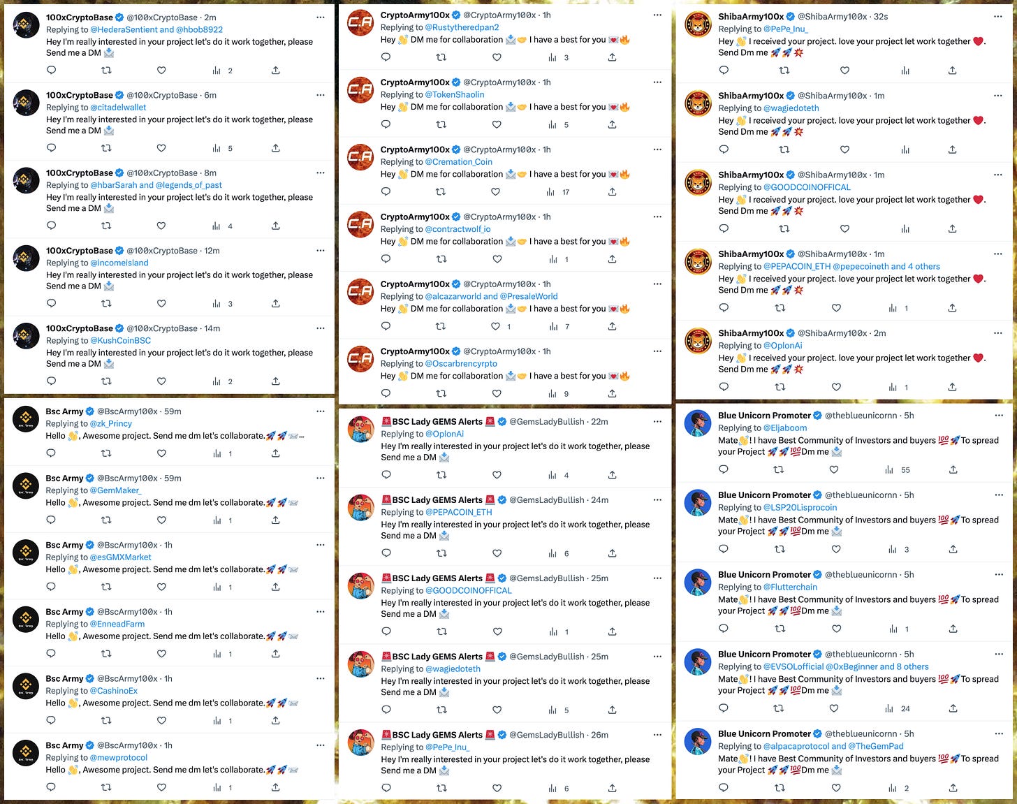 screenshots of repetitive replies from six cryptocurrency-themed accounts with Twitter Blue verified checkmarks