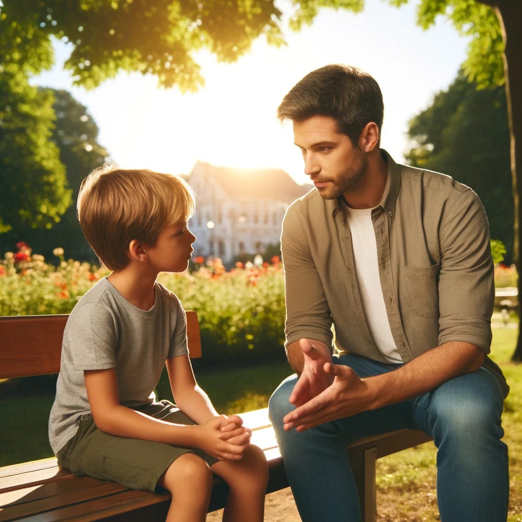 An adult man explaining something to a 6-year-old child in a sunny park. The adult is a Caucasian man in his thirties, wearing casual clothes, sitting on a park bench. The child, a Caucasian boy, is listening intently. The setting is peaceful with trees, flowers, and a clear blue sky in the background. The scene captures a moment of educational interaction with a gentle and supportive atmosphere, without any books involved.