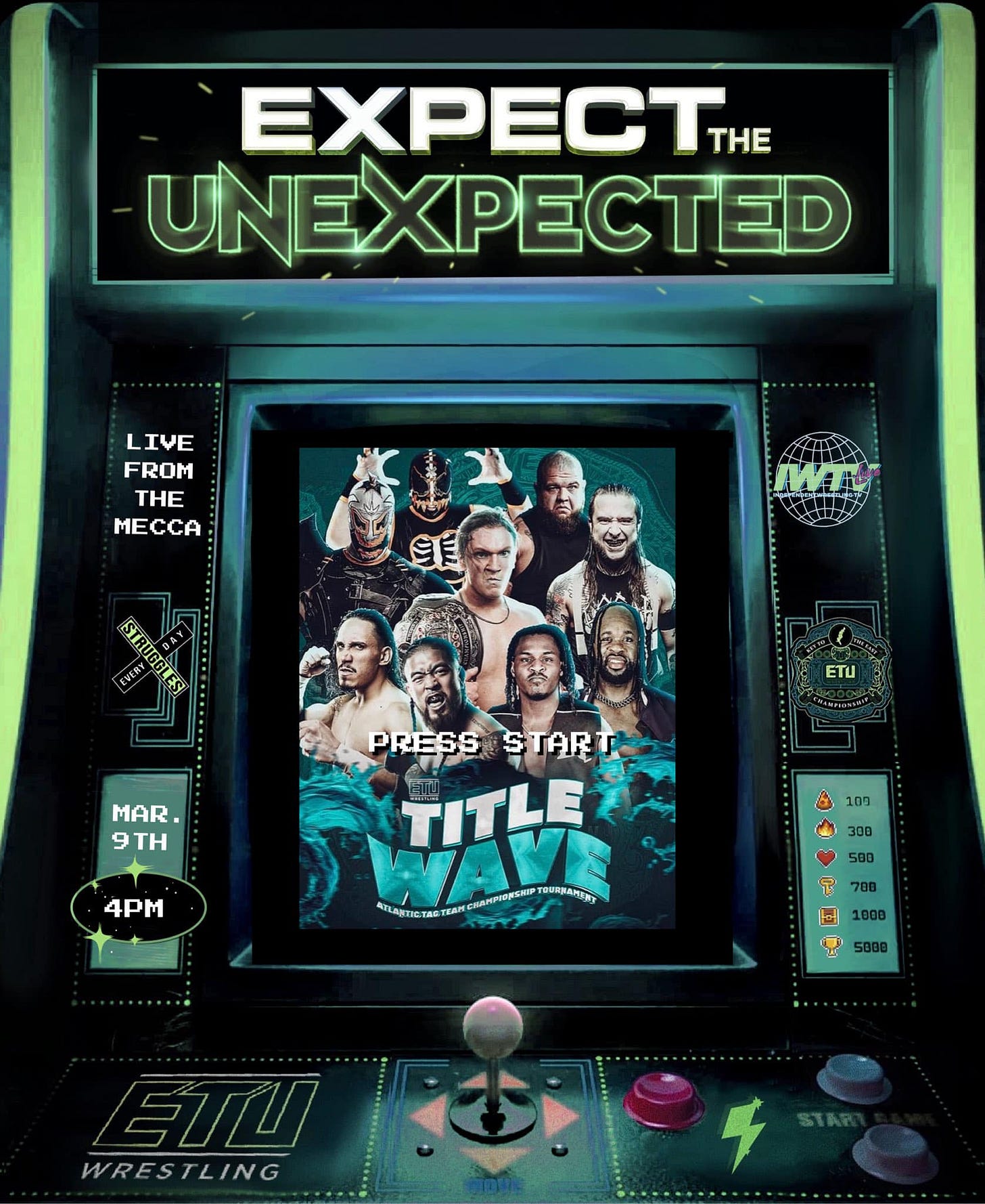 May be an image of 4 people and text that says 'EXPECT THE UNEXPECTED LIVE FROM THE MECCA ME MAA የውየሰግ ETU MAR. 9TH 4PM PRESS STAR TITLE " LASTICTAS reBaBaHeKy 4 107 우 700 Fol 1000 รกข WRESTLING'