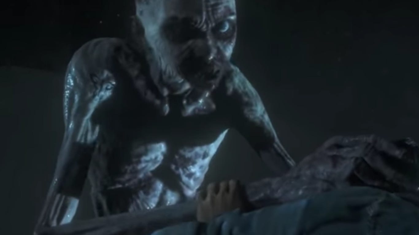 A screenshot from an action sequence in Until Dawn, where we can see the same butterfly tattoo in the same spot on Hannah's arm on the largest w*ndigo's arm.