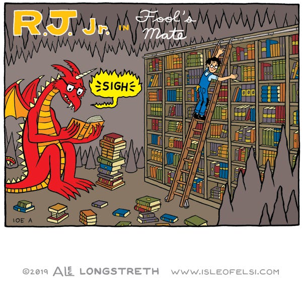 A boy is standing at a bookshelf in a cave with gray stalagmites and stalagtites as a red dragon with a horn and glasses, sadly reads an orange book. The title says “R.J. Jr. in Fool’s Mate.”