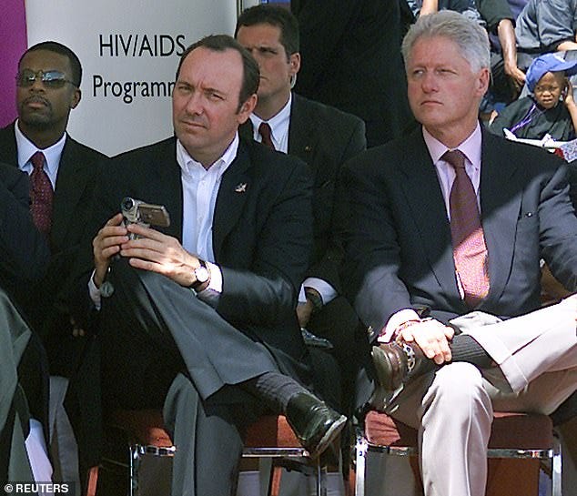 On a trip to Africa was a host of celebrities, including shamed actor Kevin Spacey, comedian Chris Tucker and Bill Clinton - who all traveled there on Epstein's Lolita Express On a trip to Africa was a host of celebrities, including shamed actor Kevin Spacey, comedian Chris Tucker and Bill Clinton - who all traveled there on Epstein's Lolita Express