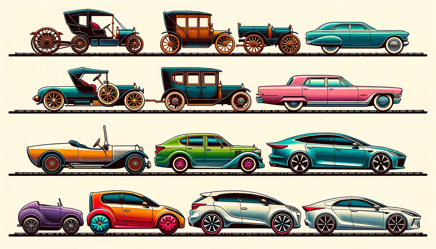 Wide illustration in a minimalist vector style depicting the evolution of the automobile design from the 1890s to the present. From left: early motorized carriage of the 1890s-1910s, a 1920s Art Deco car, a colorful 1950s car with tail fins, a 1970s compact car, and a sleek modern electric car from the 2000s-present.