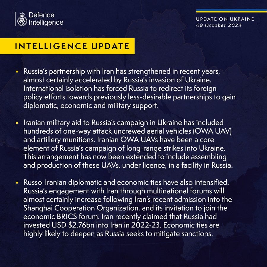 Latest Defence Intelligence update on the situation in Ukraine - 09 October 2023. Please read thread below for full image text.