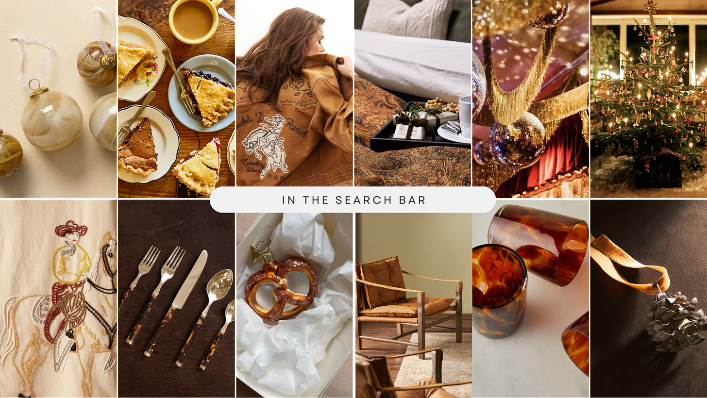 A cozy mood board featuring warm golden holiday decorations and rustic home touches. Items include marbled ornaments, beautifully plated pies, embroidered cowboy-inspired fabric, rustic wooden furniture, amber glassware, and a festive Christmas tree with golden lights. The collage reflects a blend of Western style and traditional holiday warmth.