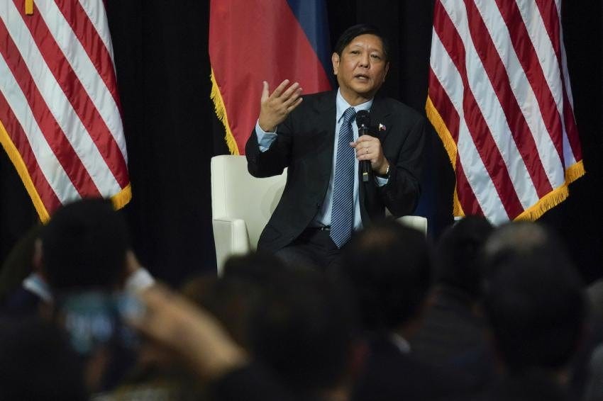 Philippine President Ferdinand Marcos speaking at the New York Stock Exchange. 