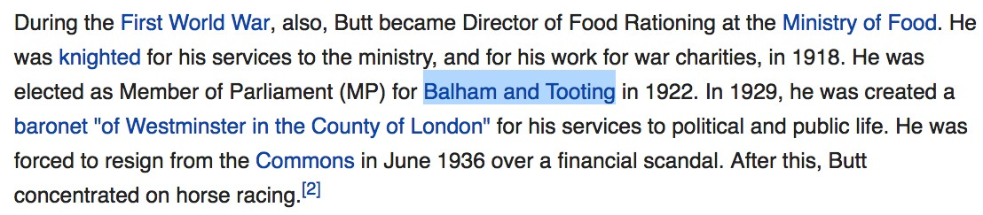 A section of Alfred Butt's Wikipedia page with "Balham and Tooting" highlighted
