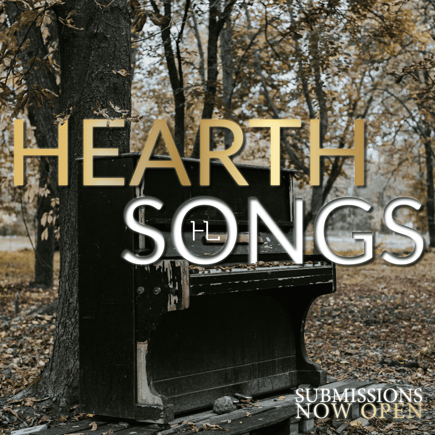 An old broken organ in an autumn forest with the words "Hearth Songs Submissions Open"