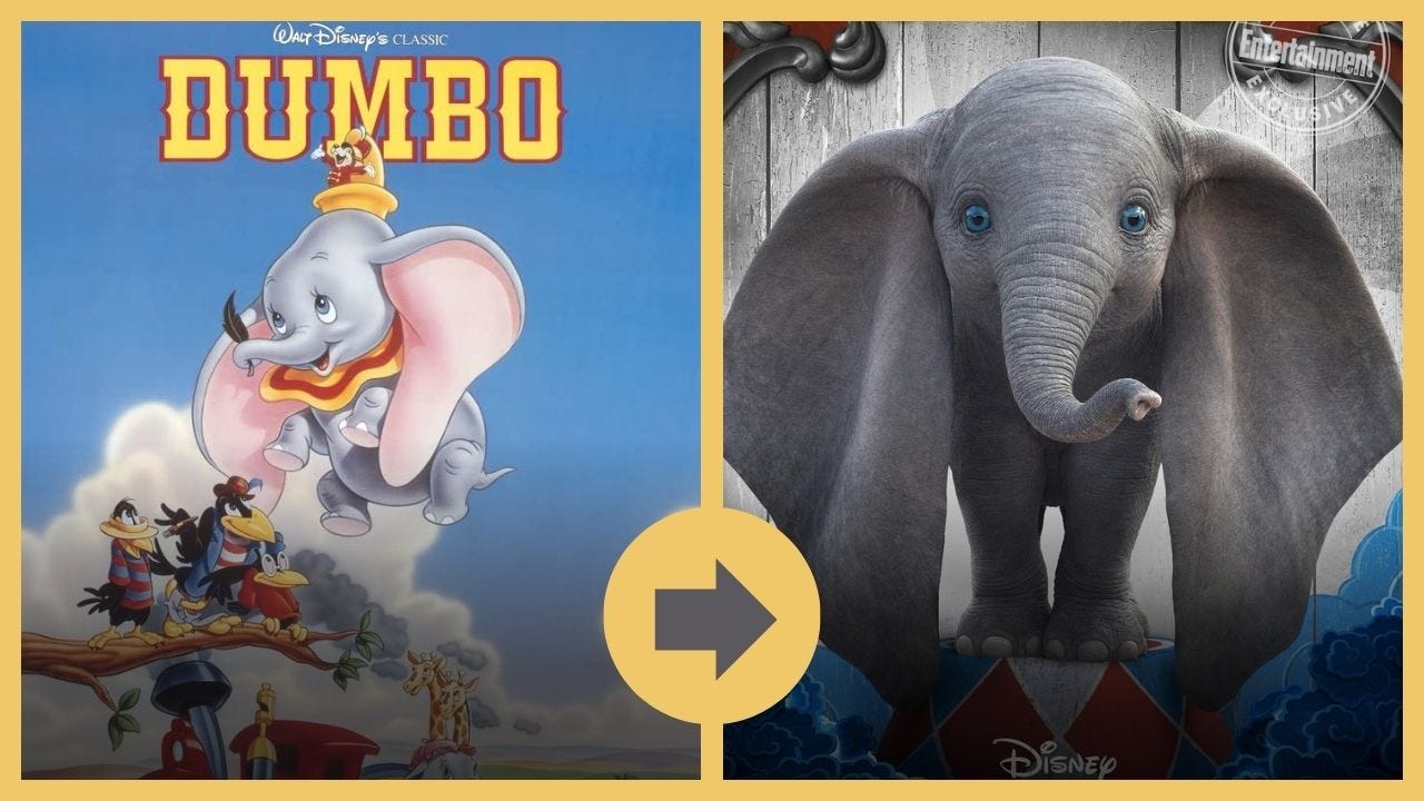 Side by side image of Dumbo publicity posters. The first one is the new live action film and the second is the original animated film, complete with racist crows