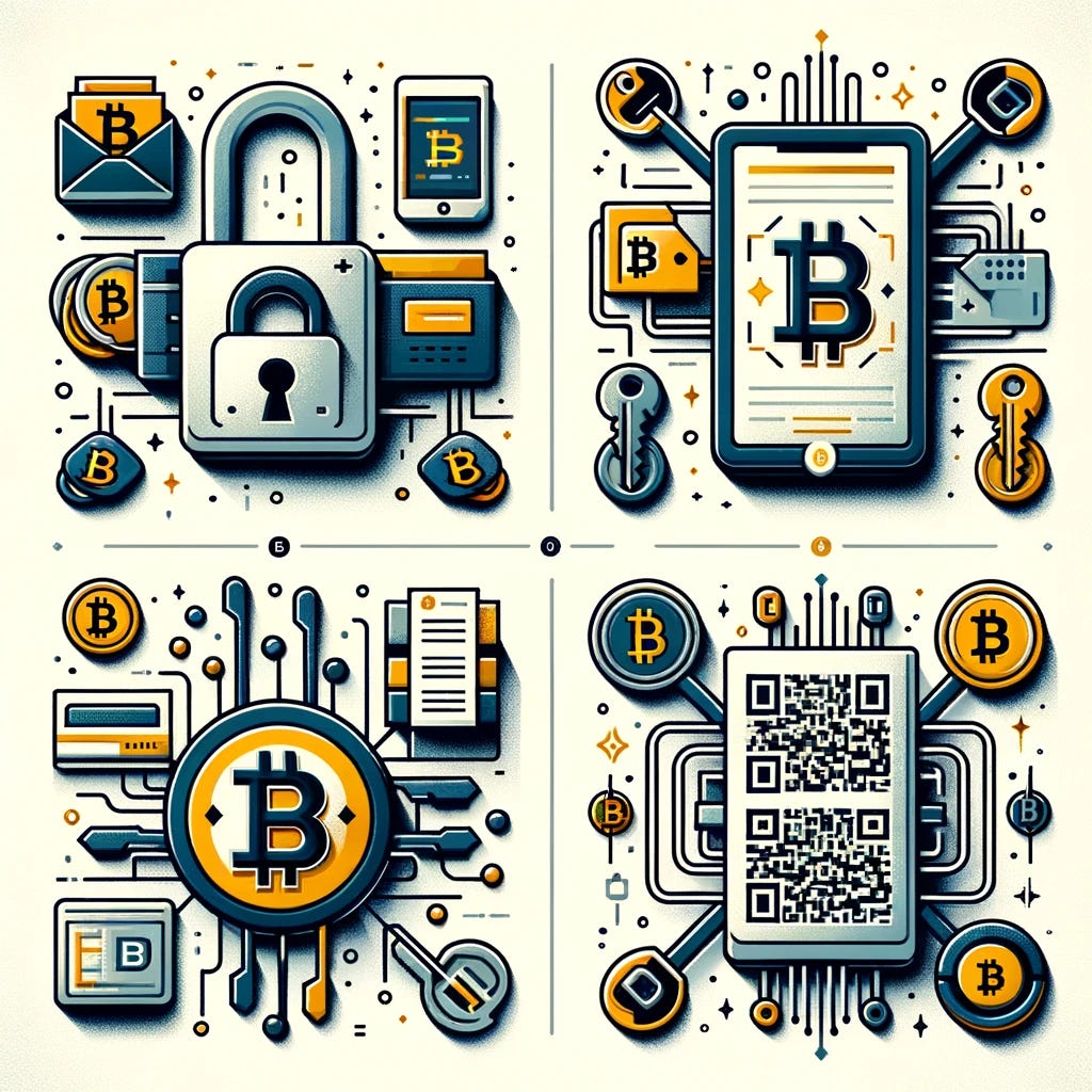 An image illustrating various Bitcoin security solutions without using any text. The image is divided into four sections, each depicting a different security method through symbols only. The first section shows a digital wallet icon with a stylized padlock, representing encrypted digital storage. In the second section, a paper with a QR code symbolizes a paper wallet for offline storage. The third section features multiple keys converging towards a Bitcoin symbol, indicating a multi-signature setup. The final section displays an icon of a hardware wallet, resembling a small device connected to a computer. The overall style is sleek and modern, focusing on visual representations of each security method.