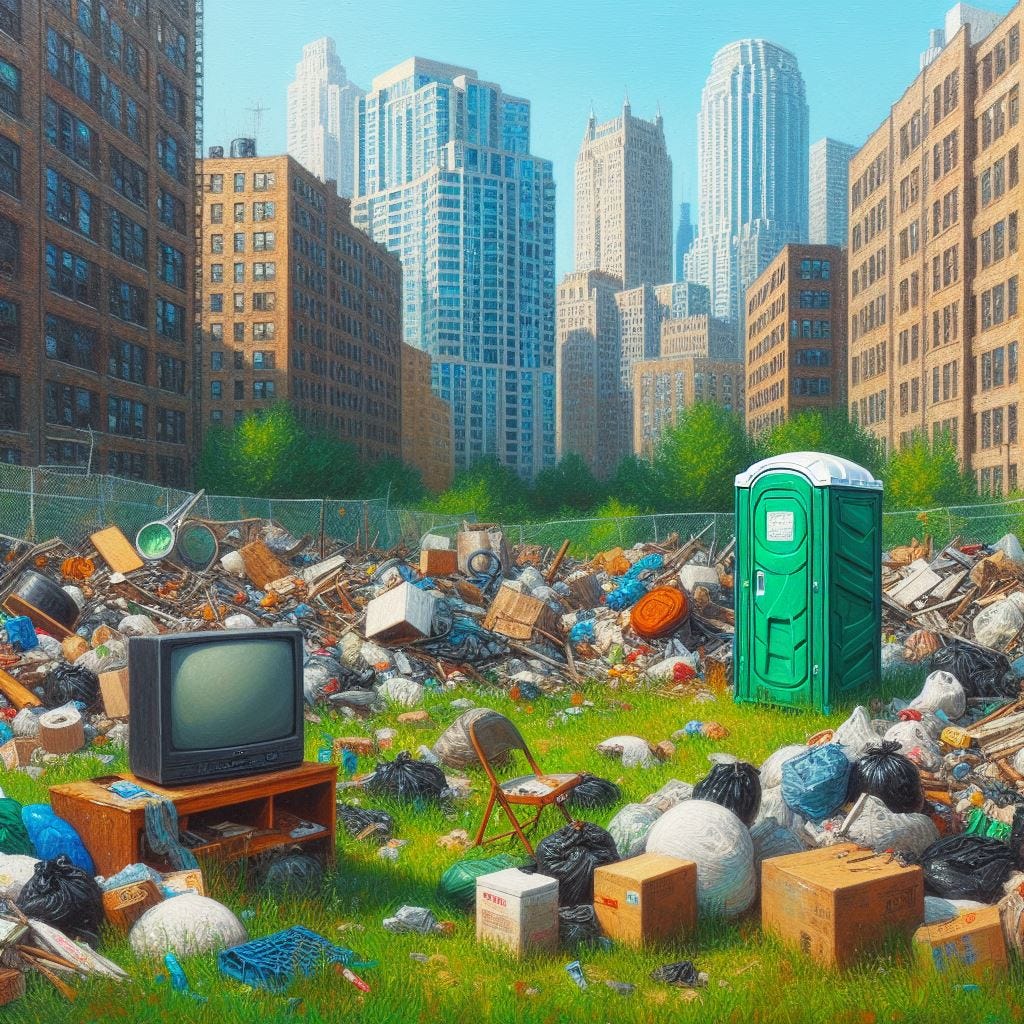 painting of lots of loose trash and a large old TV and a green portapotty on green grass of an abandoned lot on a city block between fancy, well-kept highrise apartment buildings.
