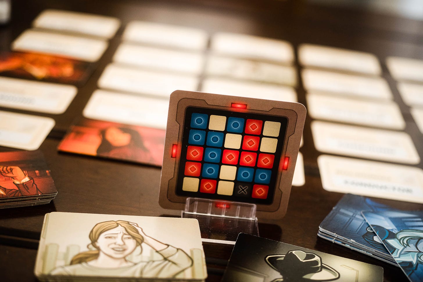 The game Codenames set up on a table.