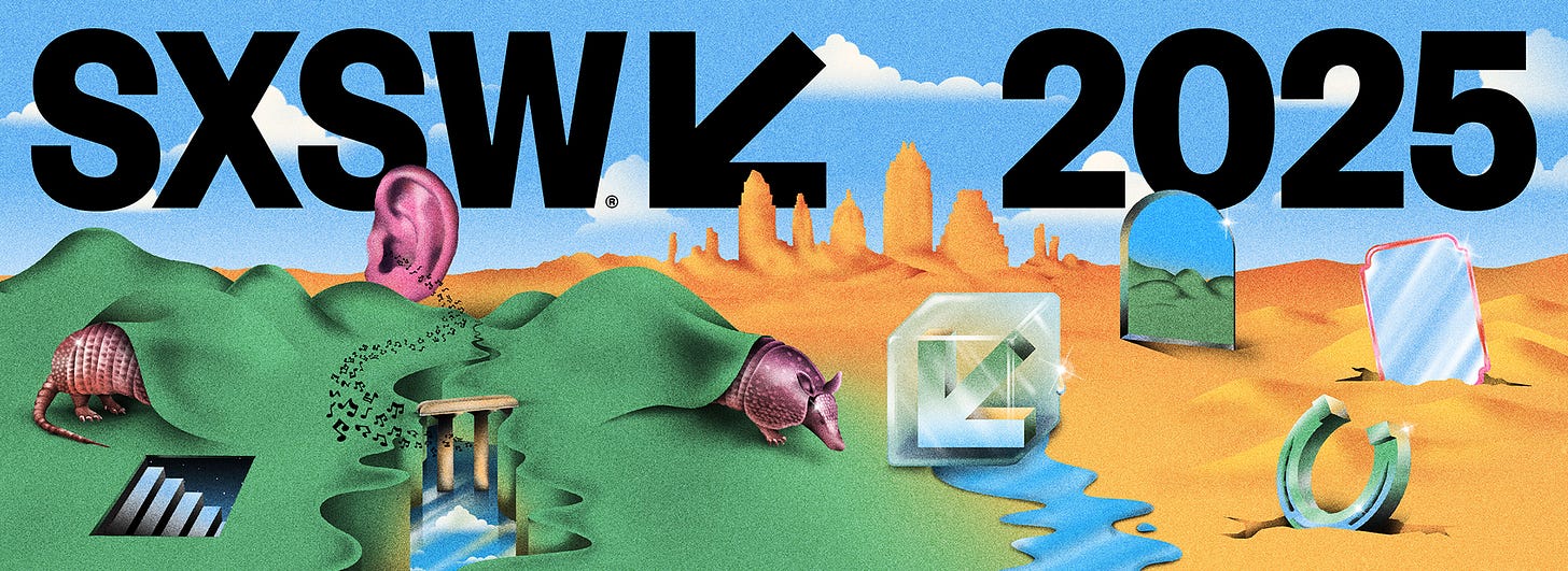 Trippy banner from SXSW 2025 with a desert and an armadillo