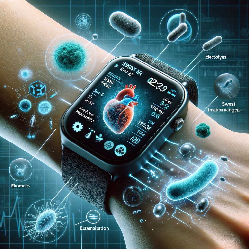 Visualize a concept of bacteria-based sensors integrated into a wearable device, used for analyzing sweat composition. The device is shown on a person's wrist, resembling a smartwatch or fitness tracker. It is equipped with advanced sensor technology that utilizes bacteria to detect and analyze various components in sweat, such as electrolytes and biomarkers. The display on the device shows real-time data about the wearer's stress levels, hydration status, and metabolic imbalances, providing non-invasive health monitoring. The background illustrates a blend of biological and technological elements, symbolizing the fusion of microbiology and wearable technology for health tracking.