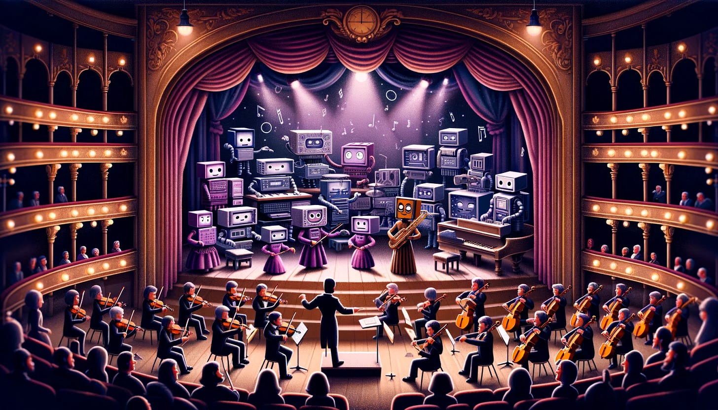A whimsical scene of an orchestra pit and a stage. In the orchestra pit, there's a diverse group of musicians, including a Black female conductor leading the orchestra. The musicians are playing various instruments like violins, trumpets, and a piano. Above them, on the stage, is a unique play being performed by anthropomorphic computers. These computers have arms and legs, and are dressed in theatrical costumes, acting out a scene in a play. The stage is elaborately decorated with curtains, lights, and props to enhance the theatrical setting. The atmosphere is lively and creative, blending classical music with modern technology.