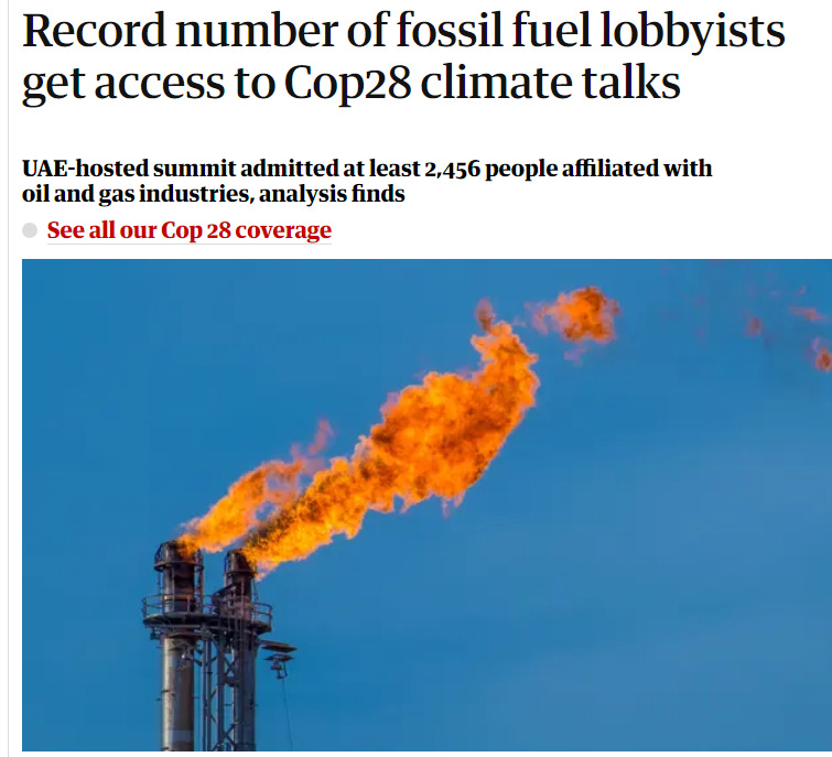 Screenshot of a Guardian headline that says 'Record number of fossil fuel lobbyists get access to COP28'