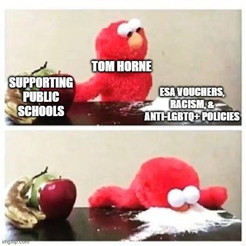 Two vertical panels with Elmo in the center, a pile of fruit on the left captioned "supporting public schools" and a pile of sugar captioned "ESA Vouchers, racism and anti-LGBTQ+ Policies" on the right. Elmo is Tom Horne. Elmo looks at the two options and in the second panel, shoves his face into the pile of sugar. 