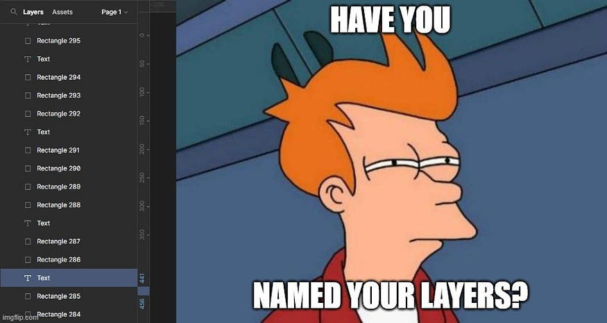 Meme ukazuje Frye z Futuramy s přivřenýma očima a nápis: Pojmenoval jsi vrstvy? Vlevo je panel z rozhraní Figmy s objekty s obecnými názvy jako čtyřúhelník 288.