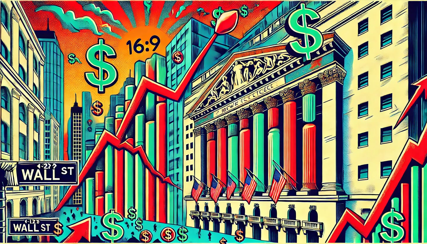 A vibrant, pop-art style 16:9 rectangular illustration depicting a rollercoaster-like Wall Street scene with stock prices represented as red and green candlesticks. The New York Stock Exchange building is in the background with elements suggesting volatility. Bold upward and downward arrows symbolize the highs and lows, and dollar signs are scattered around to reflect the financial theme. The image should convey an energetic, chaotic day of rises and falls in the market.