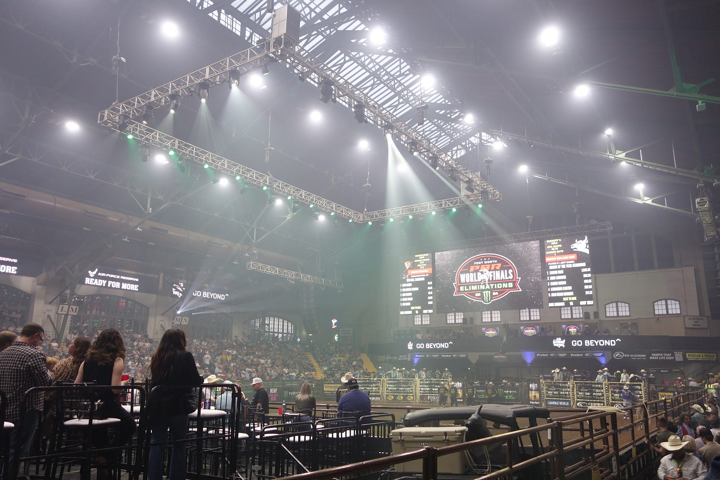 Lights shine down on the dusty bullring at Cowtown Coliseum in Fort Worth, Texas.