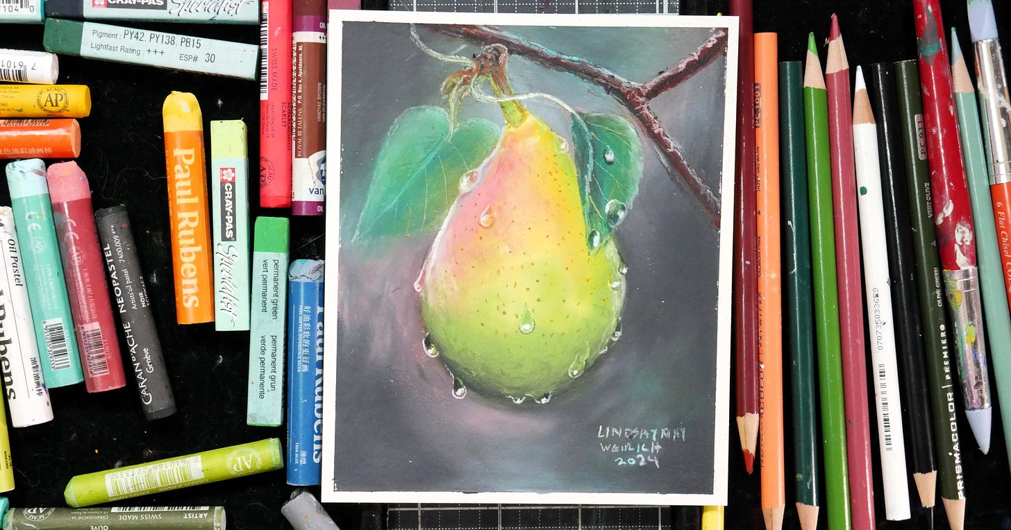 painting of a pear in colored pencil and oil pastel