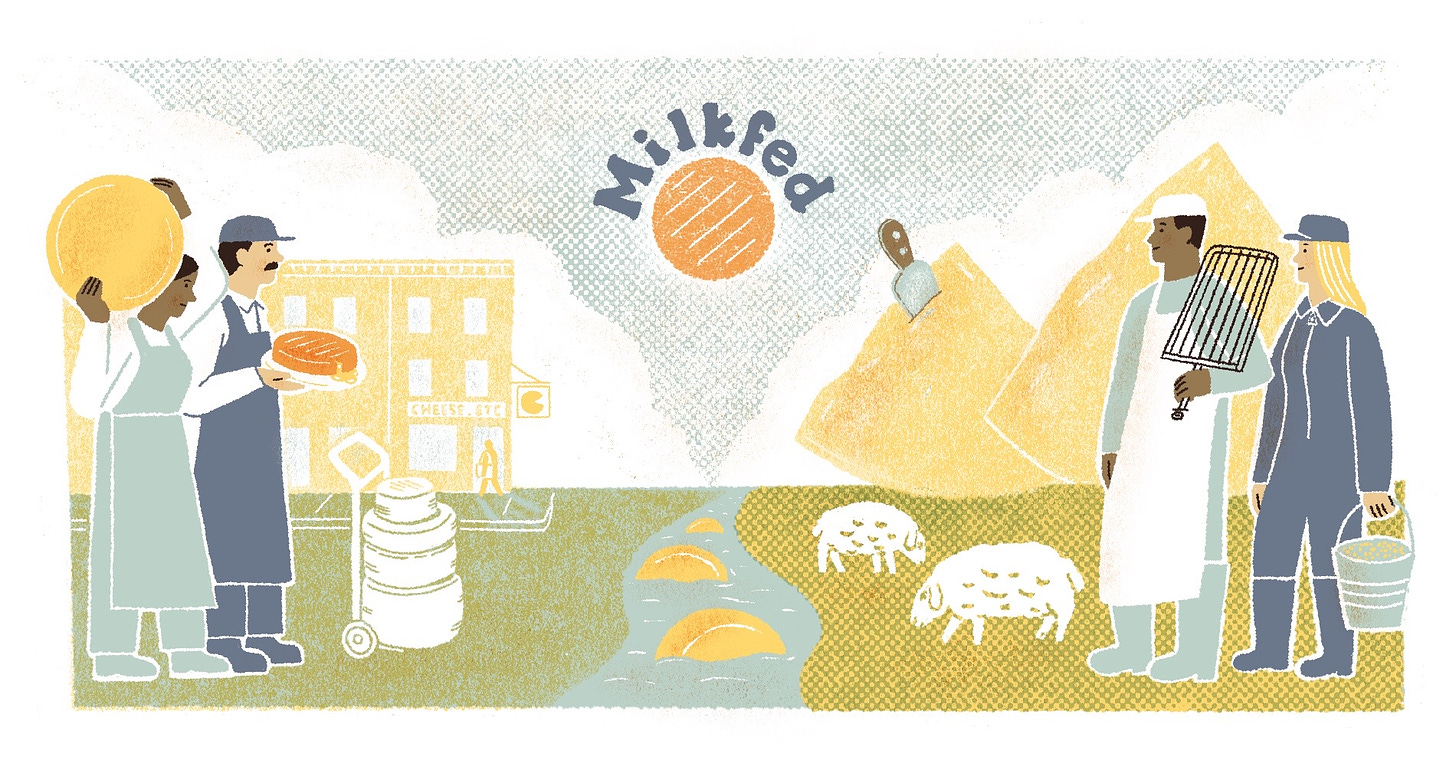 pastel illustration of two cheesemongers on one side of a river and two dairy farmers on the other side of the river. the river contains giant floating wheels of cheese, and mountains in the background are hunks of parmesan with a knife sticking out. Above the sun—a wheel of washed rind cheese—on the horizon is the title "Milkfed."
