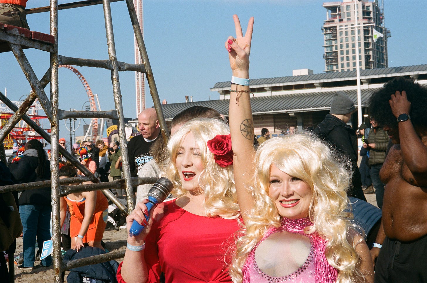 35mm film photo of two women posing as Dolly Parton