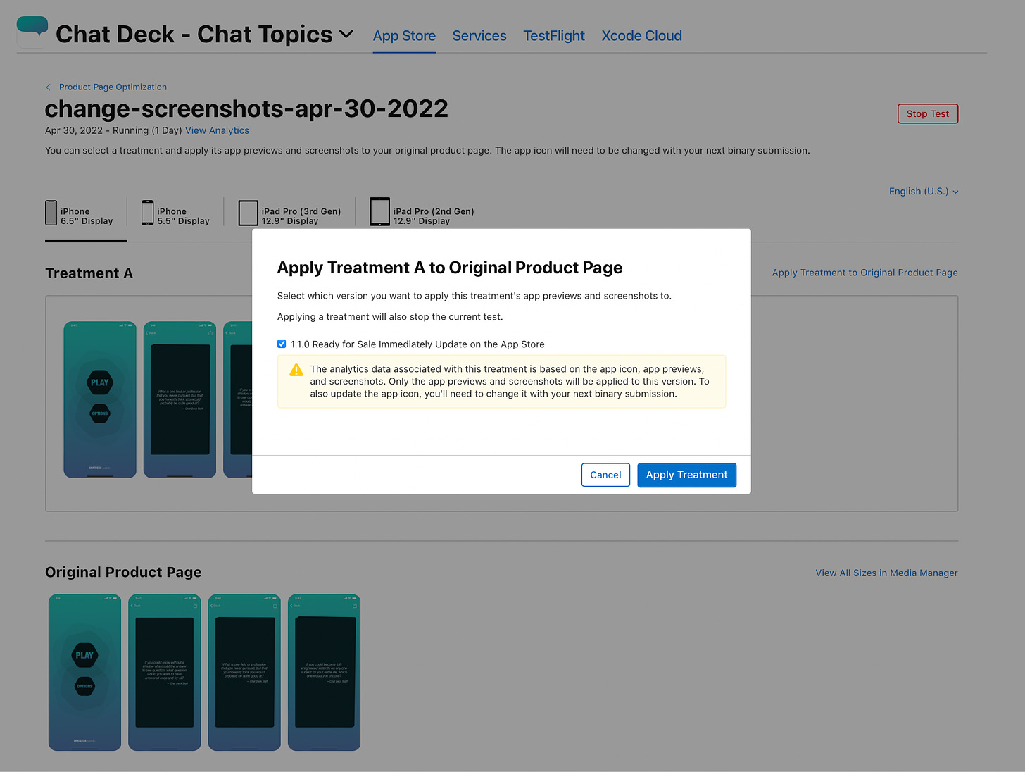 App Store Connect Apply Treatment Confirmation Screen