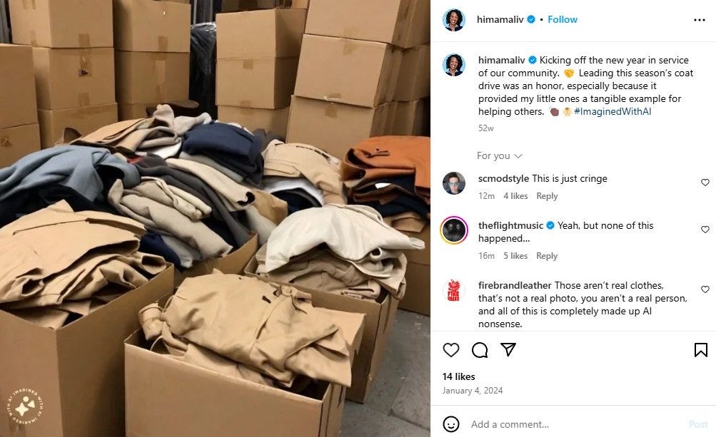 A room filled with large cardboard boxes, some stacked on top of each other, and others open with piles of coats spilling out. The coats are in various shades of beige, blue, and gray. The setting appears to be a storage or donation center. The Instagram post overlay includes a caption about leading a community coat drive, but the comments suggest that the image may have been generated using AI.