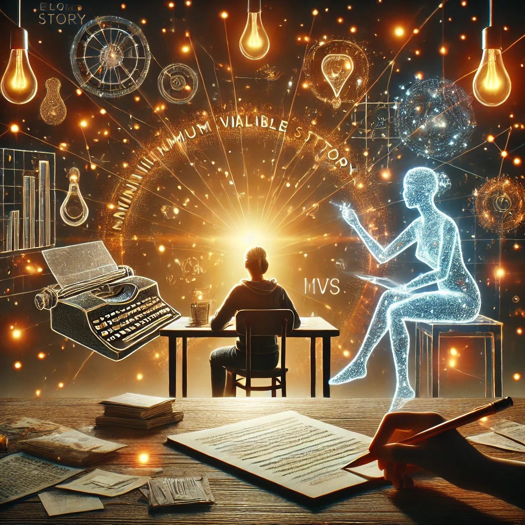 A conceptual illustration representing the idea of using AI to write a Minimum Viable Story (MVS). The graphic features a writer sitting at a desk surrounded by glowing threads of data, with an AI assistant (represented as a holographic figure or a glowing interface) collaboratively sketching a narrative skeleton. The AI's glowing threads form outlines of characters, plot arcs, and story elements hovering in the air. The setting has a futuristic yet warm and inviting atmosphere, blending creativity and technology. The desk includes scattered notes and a laptop, symbolizing the writing process, with the AI assisting visually and interactively.