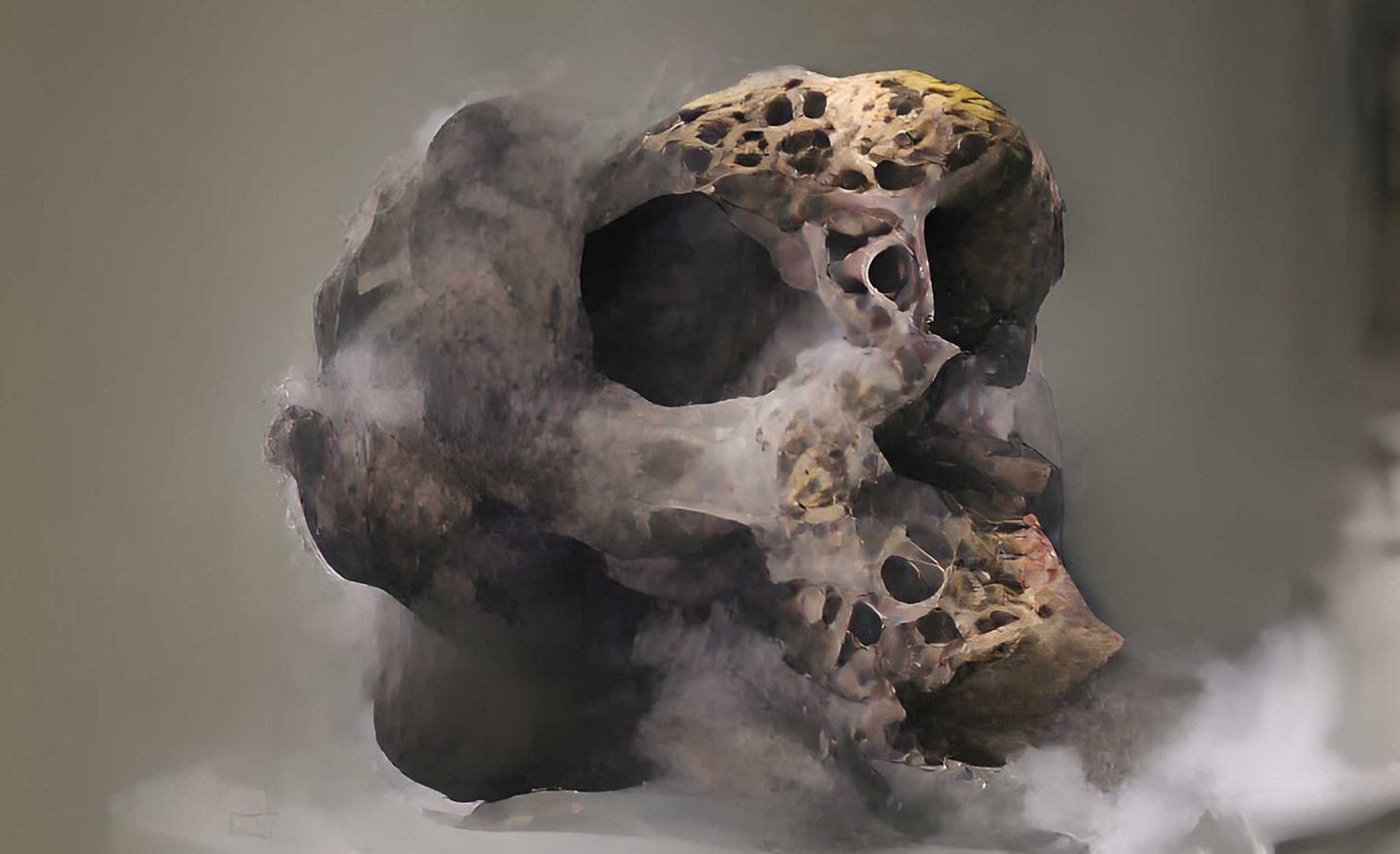 Artistic image of a skull of Sahelanthropus enshrouded by fog and clouds